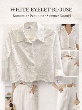 White Eyelet Blouse - Feminine Collared Top